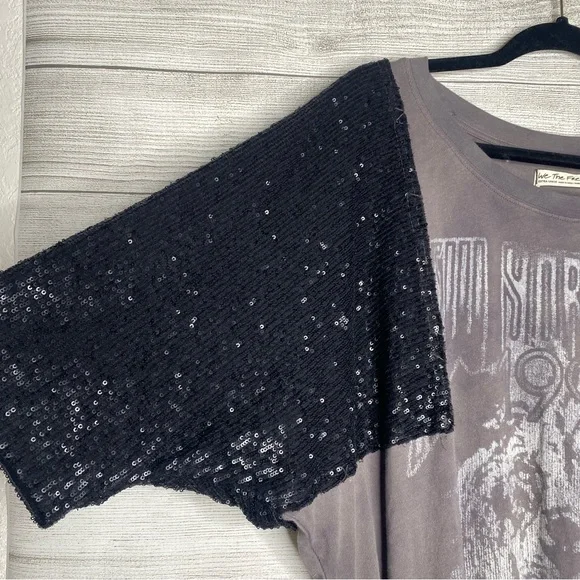 We The Free Gray Graphic T-Shirt Dress with Black Sequin Sleeves - Picture 2 of 9